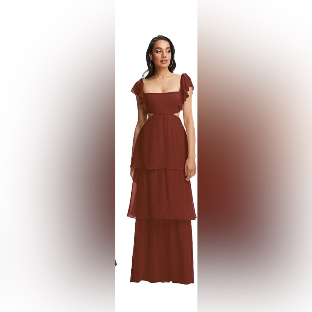 Social Bridesmaid’s Flutter Sleeve Tiered Cutout Maxi Dress in Rust Color | XL